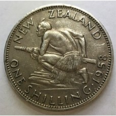 NEW ZEALAND 1958 . SHILLING . ERROR . BROKEN BACK TYPE